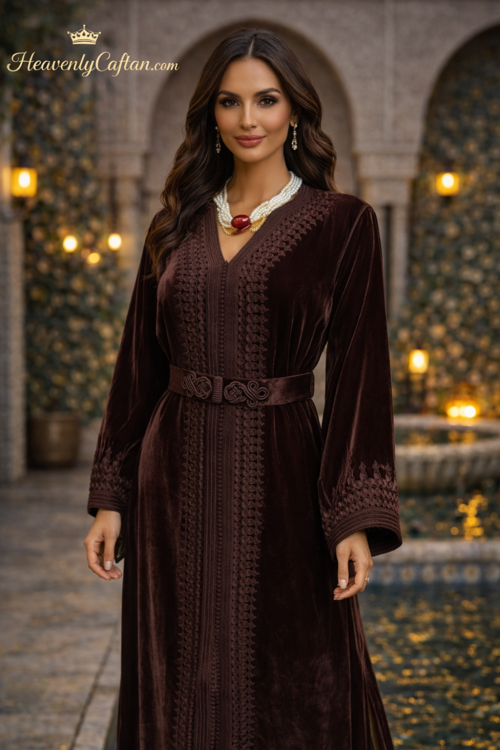 Elegant Mocha Moroccan Velvet Caftan